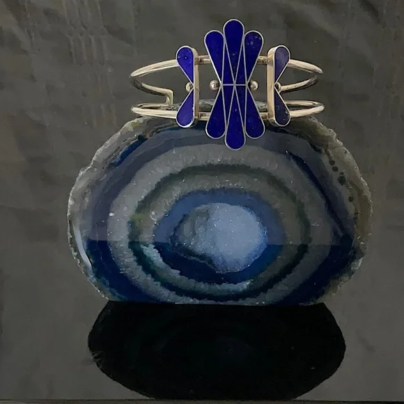 Vtg.SW NativeAmericanIndian Sterling Silver Cuff With Natural Lapis Gemstone. - Picture 2 of 5